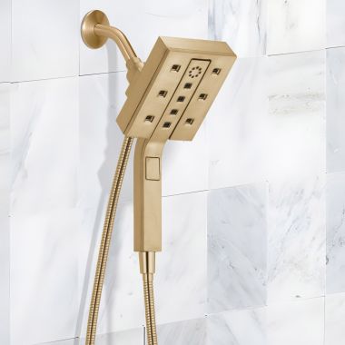 Click here to see Delta 58473-CZ-PR25 Delta Universal Showering In2ition Two-In-One Shower, 4-Setting, H2Okinetic, TouchClean, MagnaTite, 2.5 GPM, Lumicoat Champagne Bronze - 58473-CZ-PR25