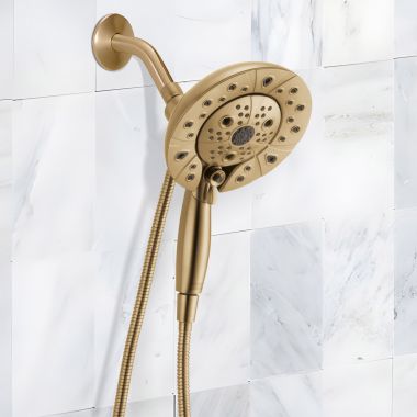 Click here to see Delta 58480-CZ-PR-PK Delta Universal Showering In2ition Two-In-One Shower, 5-Setting, H2Okinetic, TouchClean, 1.75 GPM, Lumicoat Champagne Bronze - 58480-CZ-PR-PK