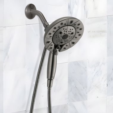 Click here to see Delta 58480-KS-PR25-PK Delta Universal Showering In2ition Two-In-One Shower, 5-Setting, H2Okinetic, TouchClean, 2.5 GPM, Lumicoat Black Stainless - 58480-KS-PR25-PK