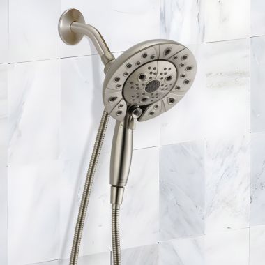 Click here to see Delta 58480-SS-PR25-PK Delta Universal Showering In2ition Two-In-One Shower, 5-Setting, H2Okinetic, TouchClean, MagnaTite, 2.5 GPM, Lumicoat Stainless - 58480-SS-PR25-PK