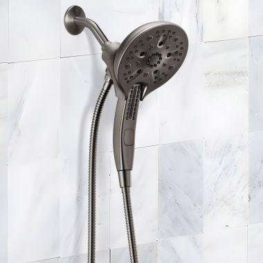 Click here to see Delta 58620-KS-PR-PK Delta Universal Showering 5-Setting In2ition Two-In-One Shower, H2Okinetic, TouchClean, MagnaTite, 1.75 GPM, Lumicoat Black Stainless - 58620-KS-PR-PK