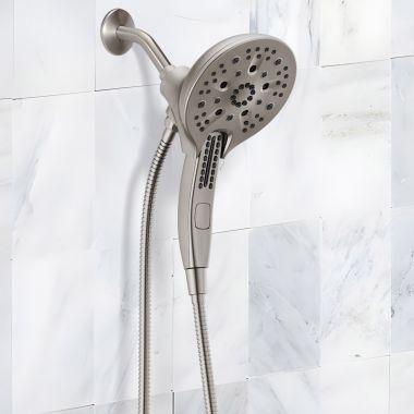 Click here to see Delta 58620-SS-PR25-PK Delta Universal Showering 5-Setting In2ition Two-In-One Shower, H2Okinetic, TouchClean, MagnaTite, 2.5 GPM, Lumicoat Stainless - 58620-SS-PR25-PK