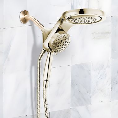 Click here to see Delta 58680-PN-PR25 Delta Universal Showering HydroRain Two-In-One Shower Head, 5-Setting, H2Okinetic, MagnaTite, 2.5 GPM, Lumicoat Polished Nickel - 58680-PN-PR25