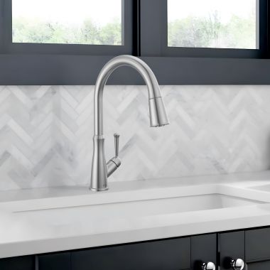 Click here to see Delta 9110-AR-DST Delta Westville Single Handle Pull-Down Kitchen Faucet, SoftTouch, DIAMOND Seal, MagnaTite, 1.8 GPM, Arctic Stainless - 9110-AR-DST