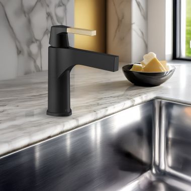 Click here to see Delta 574-GZLPU-DST Delta Zura Single Handle Bathroom Faucet, DIAMOND Seal, ADA, 1.2 GPM, (Less Pop-Up), Matte Black/Champagne Bronze - 574-GZLPU-DST