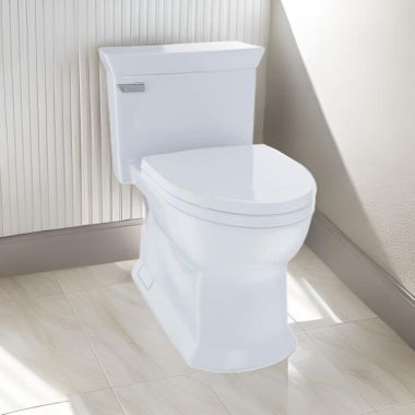 Click here to see Toto MS964124CEFG#01 TOTO Eco Soiree One-Piece Skirted Toilet w/ SoftClose Seat, Elongated, Universal Height, 1.28 GPF, Cotton White - MS964124CEFG#01
