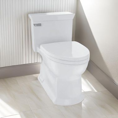 Click here to see Toto MS964124CEFG#11 TOTO Eco Soirée One-Piece Skirted Toilet with SoftClose Seat, CEFIONTECT, Elongated, Universal Height, 1.28 GPF, Colonial White - MS964124CEFG#11