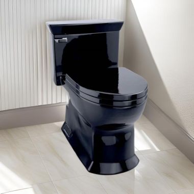 Click here to see Toto MS964124CEF#51 TOTO Eco Soirée One-Piece Skirted Toilet with SoftClose Seat, Elongated, Universal Height, 1.28 GPF, Ebony - MS964124CEF#51