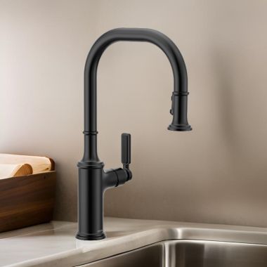 Click here to see Moen 7770BL Moen Smyth One-Handle, High-Arc Pulldown Kitchen Faucet, PowerBoost, 1.5 GPM, Matte Black - 7770BL