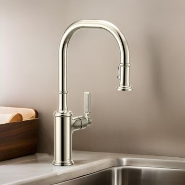 Click here to see Moen 7770EVNL Moen Smyth One-Handle, High-Arc Pulldown Kitchen Faucet, Voice Activated, 1.5 GPM, Polished Nickel - 7770EVNL