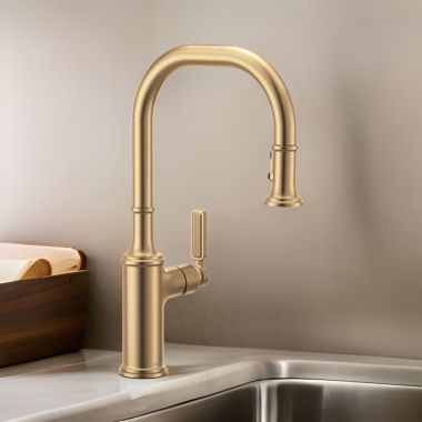 Click here to see Moen 7770BZG Moen Smyth One-Handle, High-Arc Pulldown Kitchen Faucet, PowerBoost, 1.5 GPM, Bronzed Gold - 7770BZG