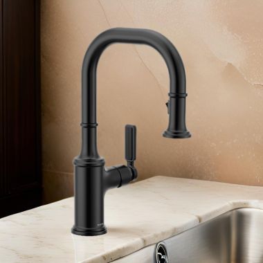 Click here to see Moen 5770BL Moen Smyth One-Handle, High-Arc Pulldown Bar Faucet, PowerClean, 1.5 GPM, Matte Black - 5770BL
