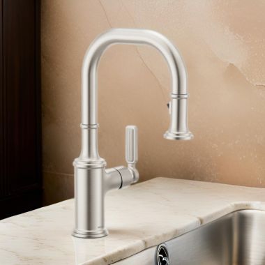 Click here to see Moen 5770SRS Moen Smyth One-Handle, High-Arc Pulldown Bar Faucet, PowerClean, 1.5 GPM, Spot Resist Stainless - 5770SRS