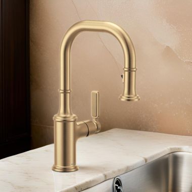 Click here to see Moen 5770BZG Moen Smyth One-Handle, High-Arc Pulldown Bar Faucet, PowerClean, 1.5 GPM, Bronzed Gold - 5770BZG