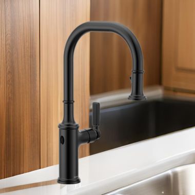Click here to see Moen 7770EWBL Moen Smyth One-Handle, High Arc Pulldown Kitchen Faucet, MotionSense Wave, 1.5 GPM, Matte Black - 7770EWBL