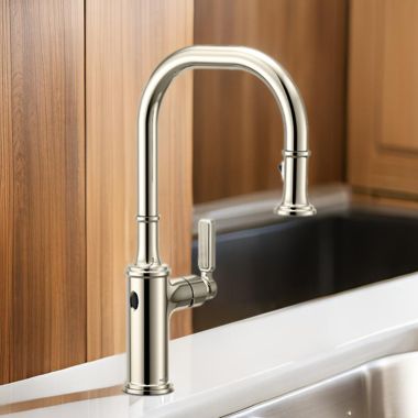 Click here to see Moen 7770EWNL Moen Smyth One-Handle, High Arc Pulldown Kitchen Faucet, MotionSense Wave, 1.5 GPM, Polished Nickel - 7770EWNL