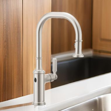 Click here to see Moen 7770EWSRS Moen Smyth One-Handle, High Arc Pulldown Kitchen Faucet, MotionSense Wave, 1.5 GPM, Stainless - 7770EWSRS