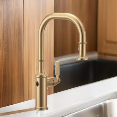 Click here to see Moen 7770EWBZG Moen Smyth One-Handle, High Arc Pulldown Kitchen Faucet, MotionSense Wave, 1.5 GPM, Bronzed Gold - 7770EWBZG