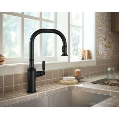Click here to see Moen 7770EVBL Moen Smyth One-Handle, High-Arc Pulldown Kitchen Faucet, Voice Activated, 1.5 GPM, Matte Black - 7770EVBL