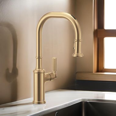 Click here to see Moen 7770EVBZG Moen Smyth One-Handle, High-Arc Pulldown Kitchen Faucet, Voice Activated, 1.5 GPM, Bronzed Gold - 7770EVBZG