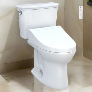 Click here to see Toto MW7863084CEFG#01 TOTO Drake WASHLET+ Two-Piece Elongated Toilet with C5 Bidet Seat, 1.28 GPF, Cotton White - MW7863084CEFG#01