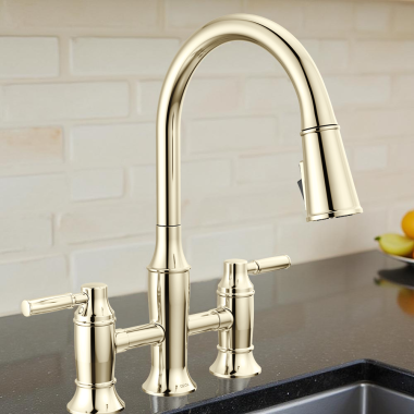 Click here to see   Delta Renaldi Two Handle Pull-Down Bridge Kitchen Faucet, 1.8 GPM, Lumicoat Polished Nickel - 2384L-PN-PR-DST