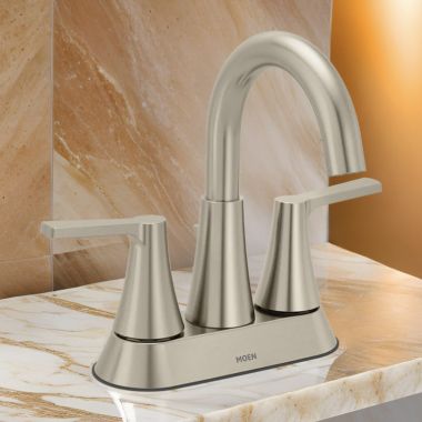 Click here to see Moen 64432BN Moen Jase Two Handle High Arc Centerset Bathroom Faucet, ADA, 1.2 GPM, Brushed Nickel - 64432BN