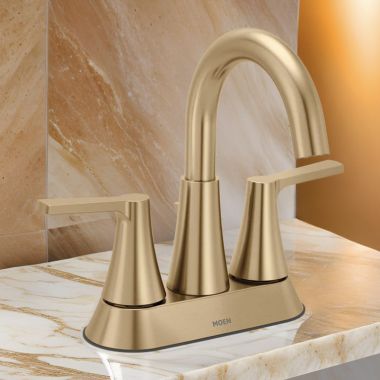 Click here to see Moen 64432BZG Moen Jase Two Handle Bathroom Faucet, High Arc, Centerset, ADA, 1.2 GPM, Bronzed Gold - 64432BZG