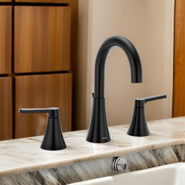 Click here to see Moen TV64433BL Moen Jase Two Handle Widespread Bathroom Faucet, High Arc, Duralock, ADA, 1.2 GPM, Matte Black - TV64433BL