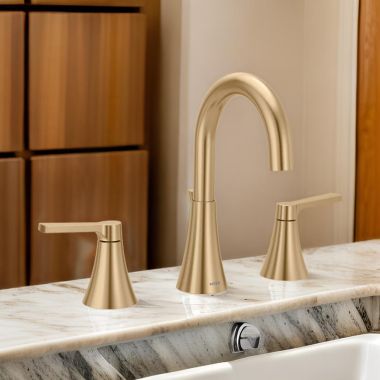 Click here to see Moen TV64433BZG Moen Jase Two Handle Bathroom Faucet, Widespread, High Arc, Duralock, ADA, 1.2 GPM, Bronzed Gold- TV64433BZG