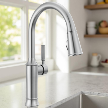 Click here to see   Delta Renaldi Single-Handle Pull-Down Kitchen Faucet, 1.8 GPM, Lumicoat Arctic Stainless - 9184-AR-PR-DST