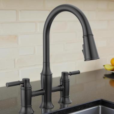 Click here to see   Delta Renaldi Two Handle Pull-Down Bridge Kitchen Faucet, 1.8 GPM, Matte Black - 2384L-BL-DST