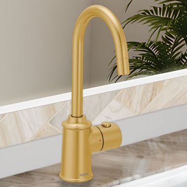 Click here to see Moen IH7600BG Moen SIP Traditional Instant Hot Water Beverage Faucet, Single-Knob Handle, High Arc, Open Vent, Brushed Gold - IH7600BG