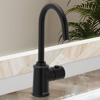 Click here to see Moen IH7600BL Moen SIP Traditional Instant Hot Water Beverage Faucet, Single-Knob Handle with Push Button, High Arc, Open Vent, 1.5 GPM, Matte Black - IH7600BL