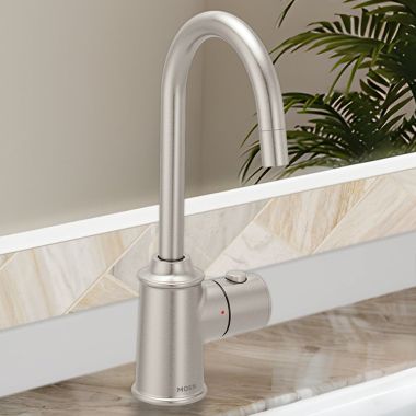 Click here to see Moen IH7600SRS Moen SIP Traditional Instant Hot Water Beverage Faucet, Single-Knob Handle with Push Button, High Arc, Open Vent, 1.5 GPM, Spot Resist Stainless - IH7600SRS