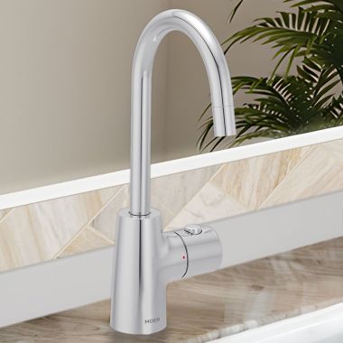 Click here to see Moen IH7620 Moen SIP Transitional Instant Hot Water Beverage Faucet, Single-Knob Handle with Push Button, High Arc, Open Vent, 1.5 GPM, Chrome - IH7620