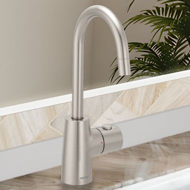 Click here to see Moen IH7620SRS Moen SIP Transitional Instant Hot Water Beverage Faucet, Single-Knob Handle with Push Button, High Arc, Open Vent, 1.5 GPM, Spot Resist Stainless - IH7620SRS
