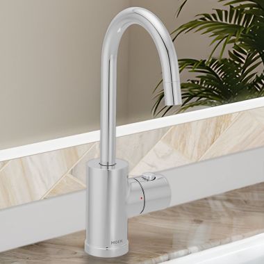 Click here to see Moen IH7660 Moen SIP Modern Instant Hot Water Beverage Faucet, Single-Knob Handle with Push Button, High Arc, Open Vent, 1.5 GPM, Chrome - IH7660