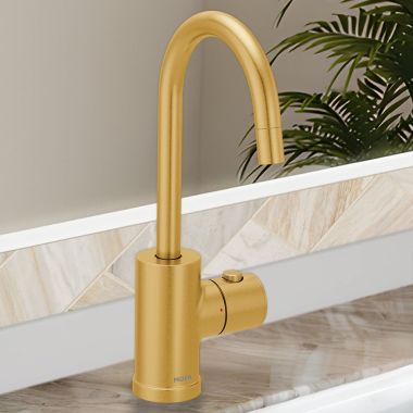 Click here to see Moen IH7660BG Moen SIP Modern Instant Hot Water Beverage Faucet, Single-Knob Handle, High Arc, 1.5 GPM, Brushed Gold - IH7660BG