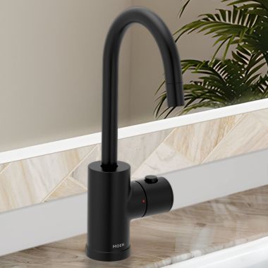 Click here to see Moen IH7660BL Moen SIP Modern Instant Hot Water Beverage Faucet, Single-Knob Handle, High Arc, Open Vent, Matte Black - IH7660BL