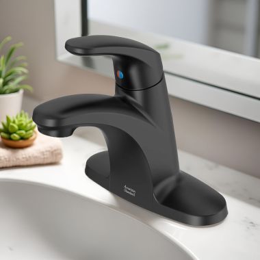 Click here to see American Standard 7075004.243  American Standard Colony PRO Single-Hole Bathroom Faucet, Less Drain, Pop-up Hole, and Rod, 1.2 GPM, WaterSense, ADA, Matte Black - 7075004.243