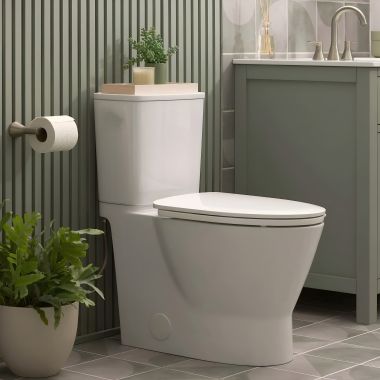 Click here to see American Standard 252AA898.020 American Standard Aspirations Skirted Two-Piece Elongated Toilet w/ Seat, 1.28 GPF, Right Trip Lever, White - 252AA898.020