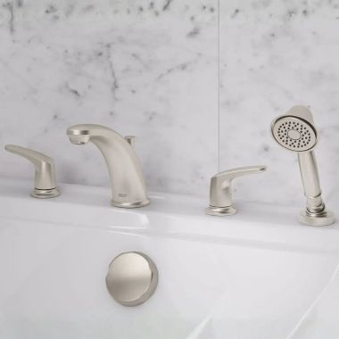 Click here to see American Standard T075921.295 American Standard Colony Pro Roman Tub Filler Trim with Hand Shower, 2 GPM, 20 GPM, Brushed Nickel - T075921.295