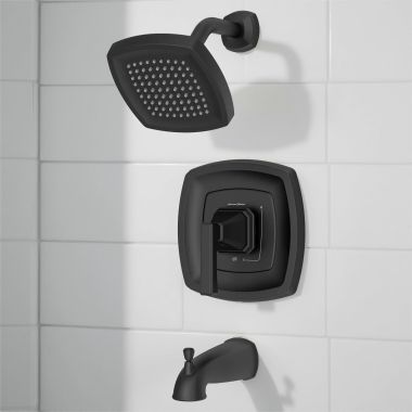Click here to see American Standard TU612502.243 American Standard Crawford Pressure Balance Tub And Shower Trim, ADA, Metal Lever Handle, 0.5 GPM,2 GPM, Matte Black - TU612502.243