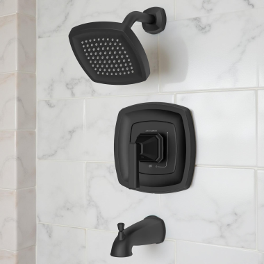 Click here to see American Standard TU612508.243 American Standard Crawford Tub/Shower Trim with Water-Saving Showerhead, WaterSense, 1.8 GPM, Matte Black - TU612508.243