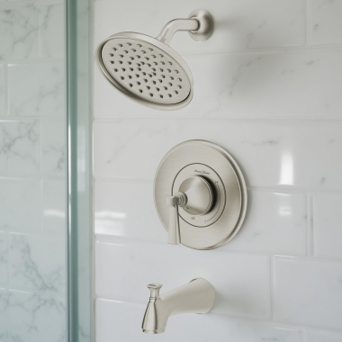 Click here to see American Standard TU617508.295 American Standard Glenmere Tub/Shower Trim Kit with Water-Saving Showerhead, WaterSense, 1.8 GPM, Brushed Nickel - TU617508.295