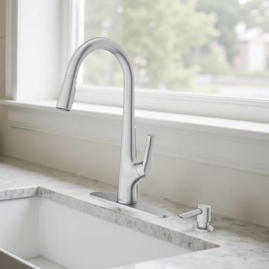 Click here to see American Standard 7032300.075 American Standard Copley One-Handle Pull-Down Kitchen Faucet with Soap Dispenser, 1.8 GPM, Stainless Steel - 7032300.075