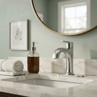 Click here to see American Standard 7428101.002 American Standard Corsham Single-Handle Bathroom Faucet With Push Pop-Up, Supply Lines, and Deckplate, Ceramic Disc, WaterSense, ADA, Polished Chrome - 7428101.002