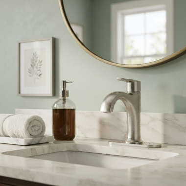 Click here to see American Standard 7428101.295 American Standard Corsham Single-Handle Bathroom Faucet With Push Pop-Up, Supply Lines, and Deckplate, Ceramic Disc, WaterSense, ADA, Brushed Nickel - 7428101.295