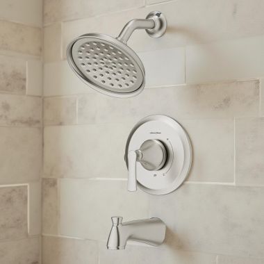 Click here to see American Standard 7427502.295 American Standard Braymer Pressure Balance Tub and Shower Trim, Single Function, Lever Handle, 2.5 GPM, Brushed Nickel - 7427502.295